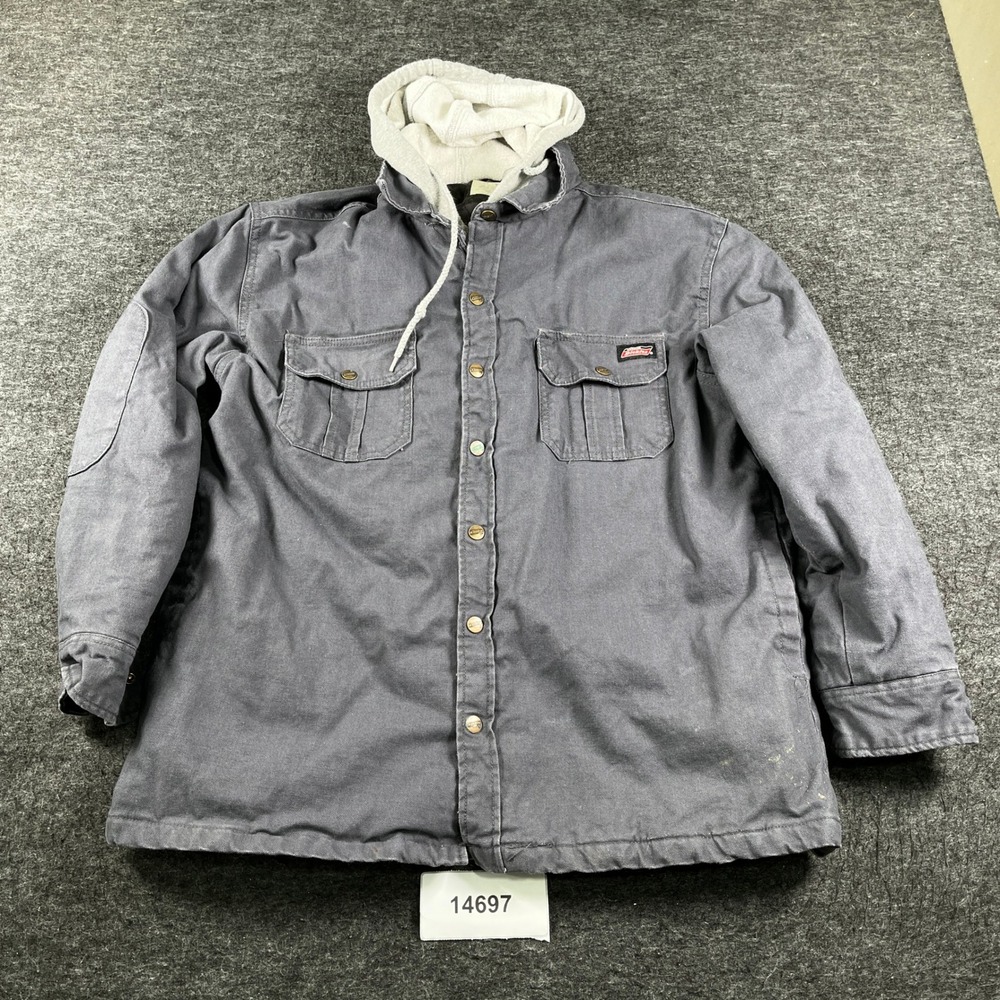Genuine Dickies Jacket Mens Large Gray Cotton Flap Pockets Hooded Work Full Zip